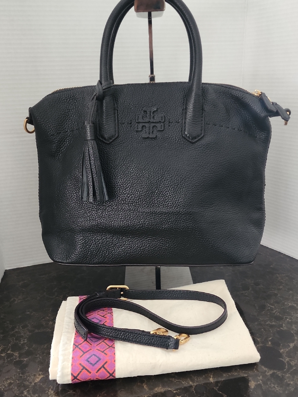 Tory Burch Black Pebbled Leather Satchel with Tassel Accent